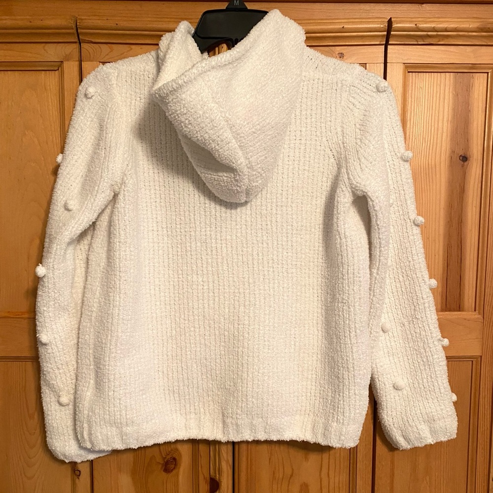 Hanna Andersson White Hooded Cardigan Sweater Zip Up Pom Poms Size 140 US 10 - Picture 4 of 9